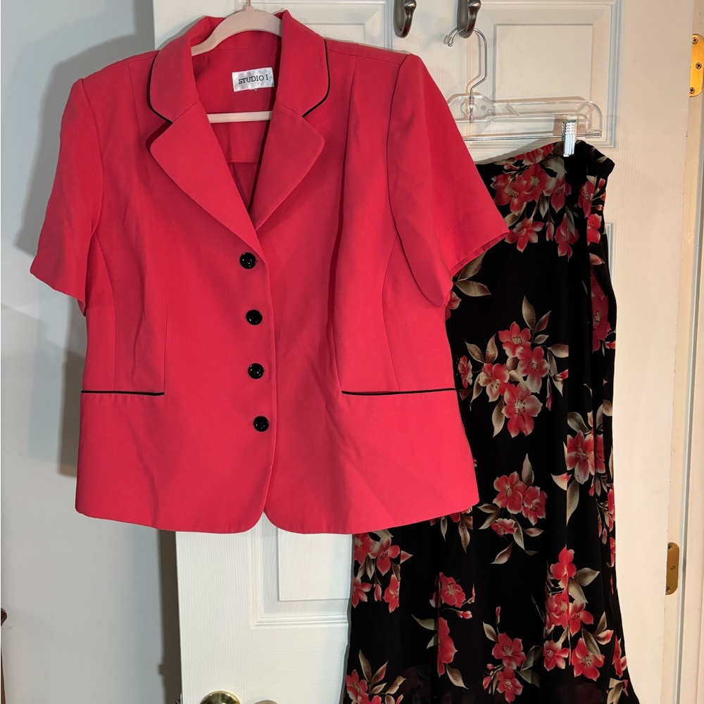 Coral/Pink Blazer with Black Floral Dress Set